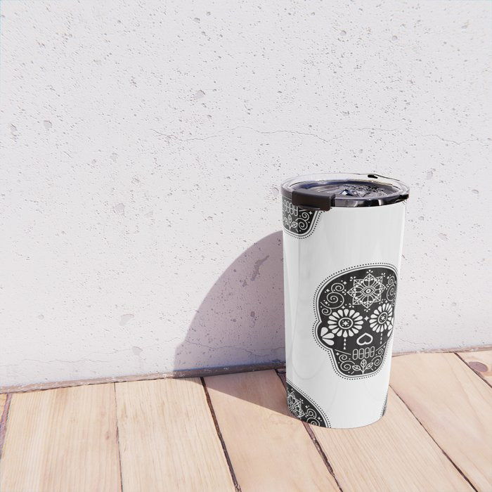 DÃ­a de Muertos Calavera â¢ Mexican Sugar Skull - Black Palette Travel Mug Gallery Image 4