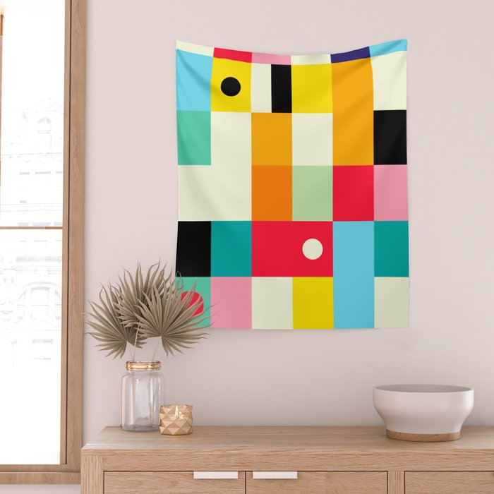 Geometric Bauhaus Pattern | Retro Arcade Video Game | Abstract Shapes Wall Tapestry Gallery Image 2