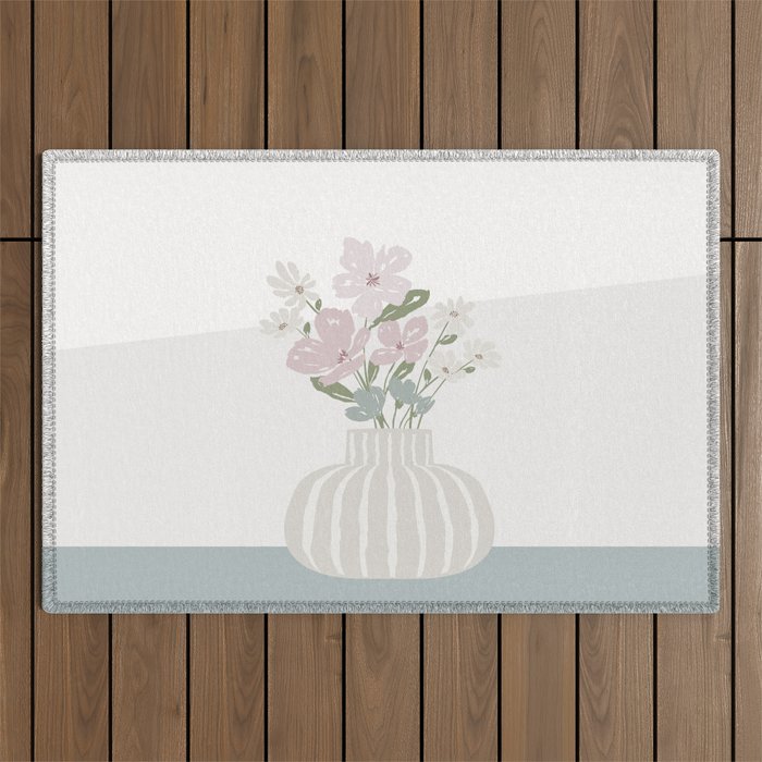 Wildflower bouquet in vase illustration - beige muted pink and dusty green flowers Outdoor Rug Gallery Image 1