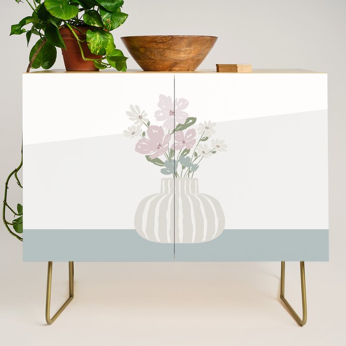 Wildflower bouquet in vase illustration - beige muted pink and dusty green flowers Credenza Gallery Image 1