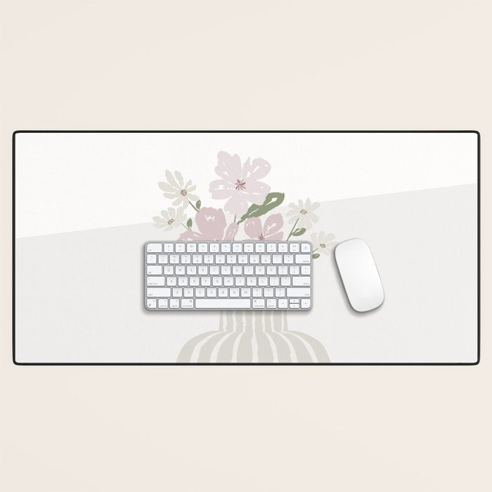 Wildflower bouquet in vase illustration - beige muted pink and dusty green flowers Desk Mat Gallery Image 1