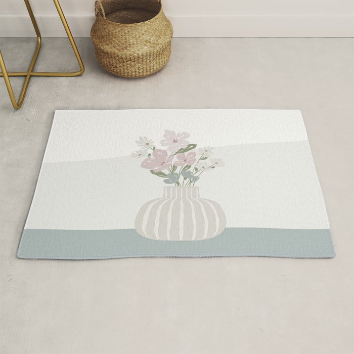 Wildflower bouquet in vase illustration - beige muted pink and dusty green flowers Rug Gallery Image 1