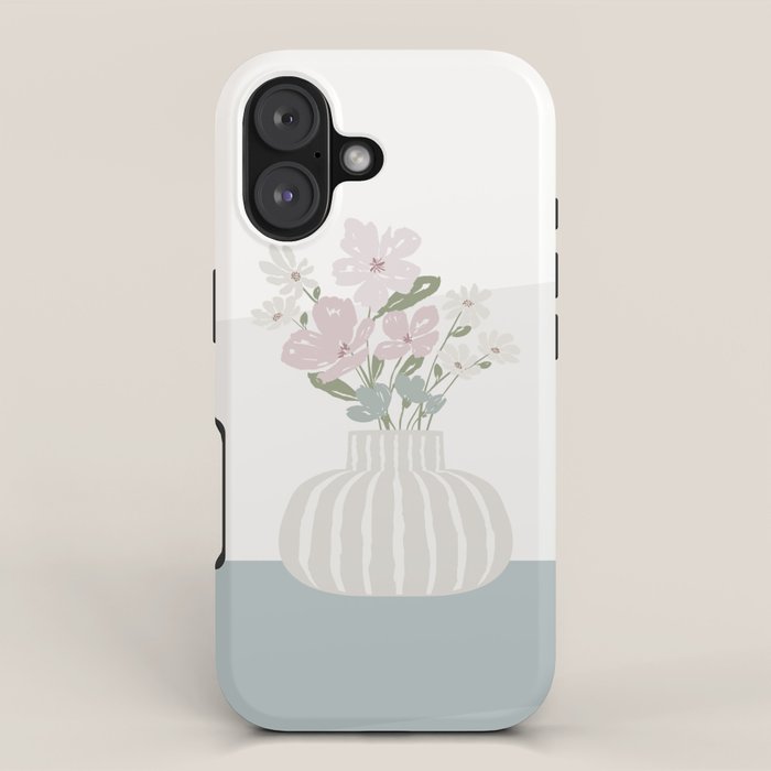 Wildflower bouquet in vase illustration - beige muted pink and dusty green flowers iPhone Case Gallery Image 1