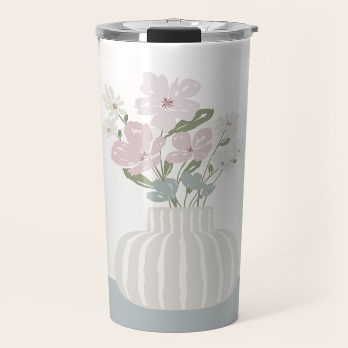 Wildflower bouquet in vase illustration - beige muted pink and dusty green flowers Travel Mug Gallery Image 1
