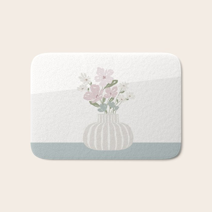 Wildflower bouquet in vase illustration - beige muted pink and dusty green flowers Bath Mat Gallery Image 1