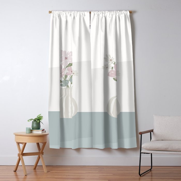 Wildflower bouquet in vase illustration - beige muted pink and dusty green flowers Window Curtain Gallery Image 5