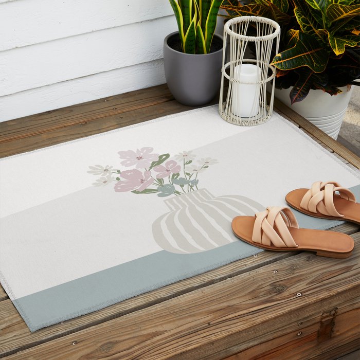 Wildflower bouquet in vase illustration - beige muted pink and dusty green flowers Outdoor Rug Gallery Image 2