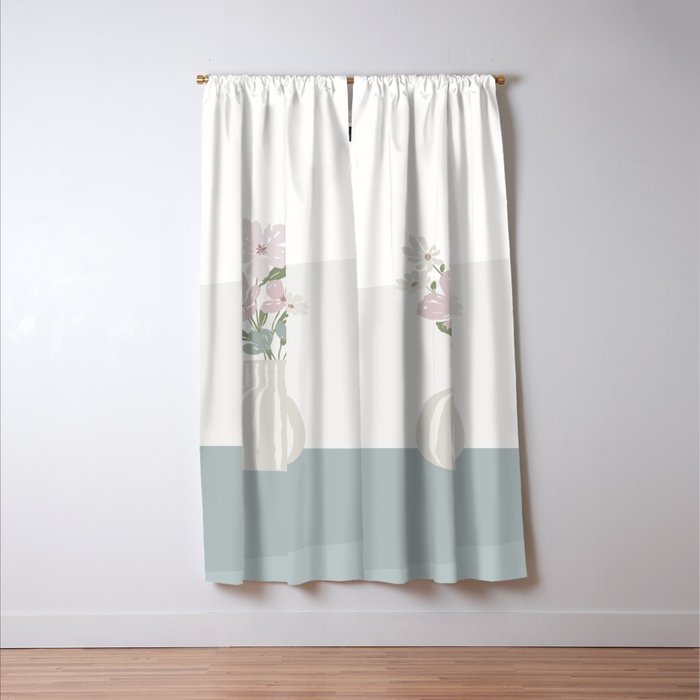 Wildflower bouquet in vase illustration - beige muted pink and dusty green flowers Window Curtain Gallery Image 3