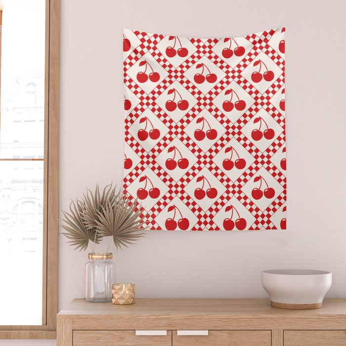 Red Cherries & Beige Checker Wall Tapestry Gallery Image 2