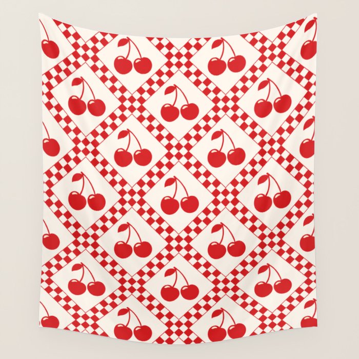 Red Cherries & Beige Checker Wall Tapestry Gallery Image 4