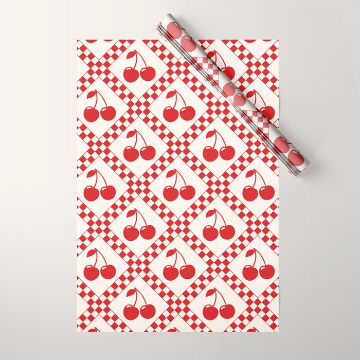 Red Cherries & Beige Checker Wrapping Paper Gallery Image 1