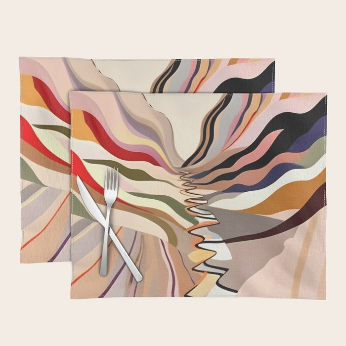 Interwoven, Pastel Colorful Nature Landscape, Mountains Hills Valley Travel, Muted Bohemian Painting Placemat Gallery Image 1