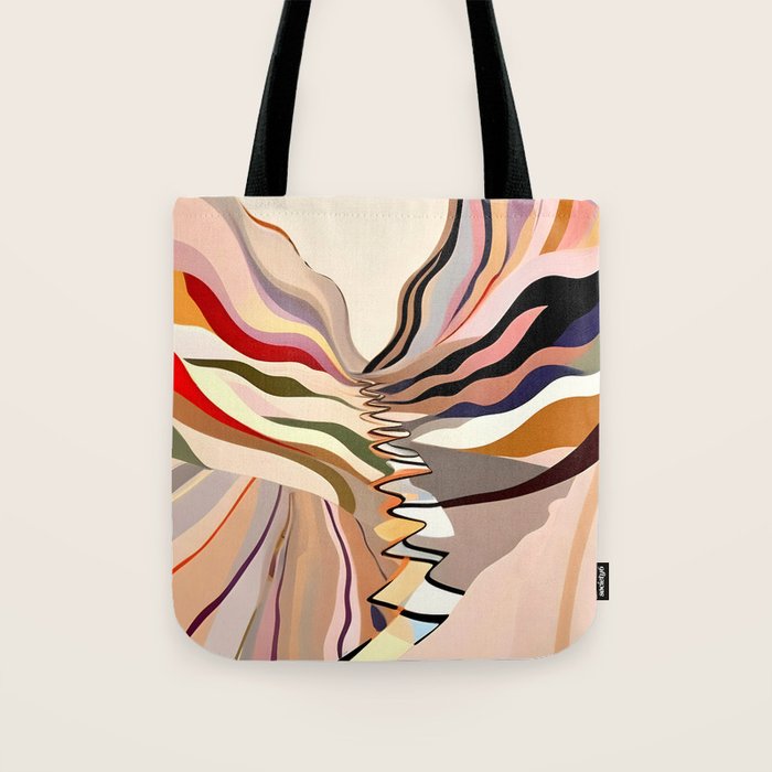 Interwoven, Pastel Colorful Nature Landscape, Mountains Hills Valley Travel, Muted Bohemian Painting Tote Bag Gallery Image 1