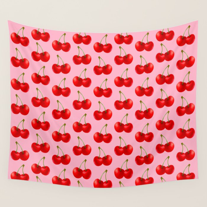 Y2K Cherries - Pink Pattern Large Wall Tapestry Gallery Image 1