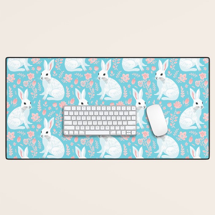 Vintage flower rabbit spring art pattern Desk Mat Gallery Image 1