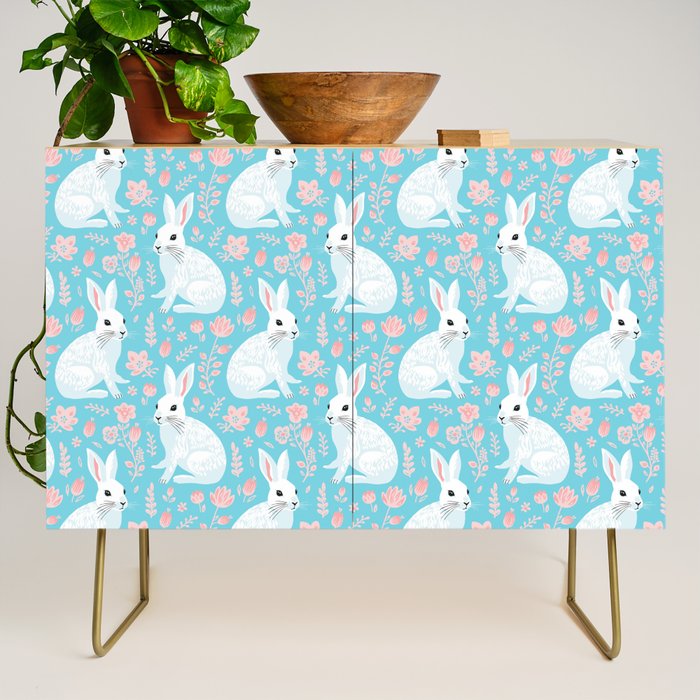 Vintage flower rabbit spring art pattern Credenza Gallery Image 1