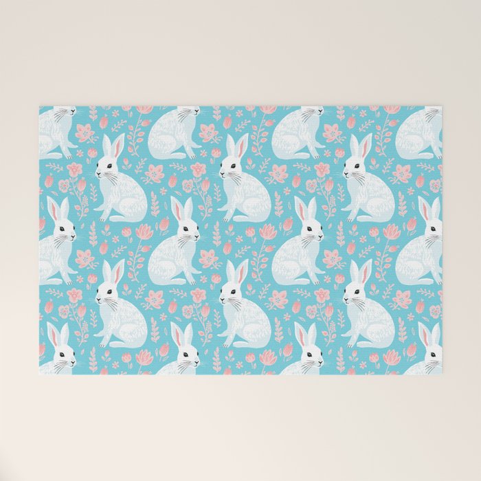 Vintage flower rabbit spring art pattern Welcome Mat Gallery Image 1