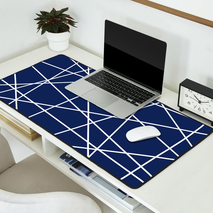 Geometric Lines (white/navy blue) Desk Mat Gallery Image 2