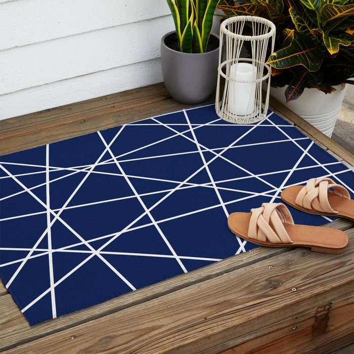 Geometric Lines (white/navy blue) Outdoor Rug Gallery Image 2