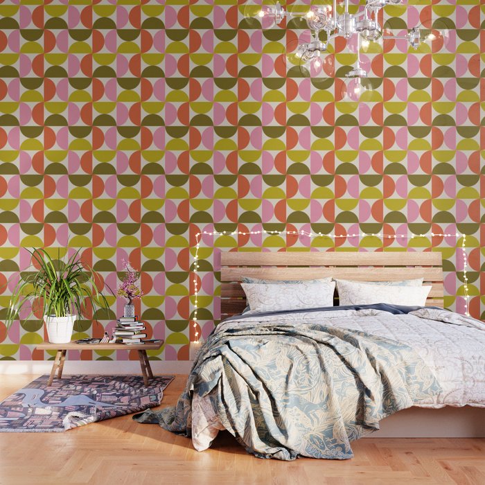 Mid Century Modern Shapes - Pink, Olive Green & Orange Wallpaper Gallery Image 3