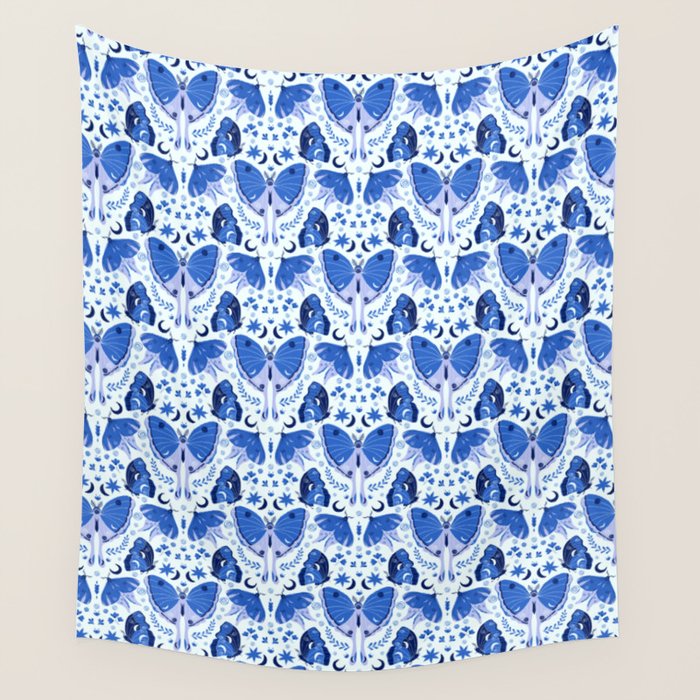 Vintage Blue Moths Wall Tapestry Gallery Image 1