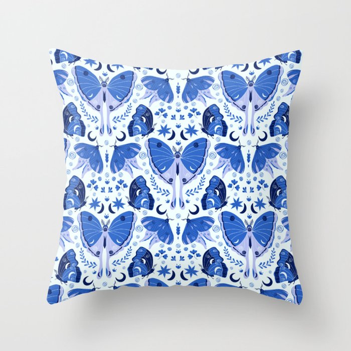 Vintage Blue Moths Throw Pillow Gallery Image 6