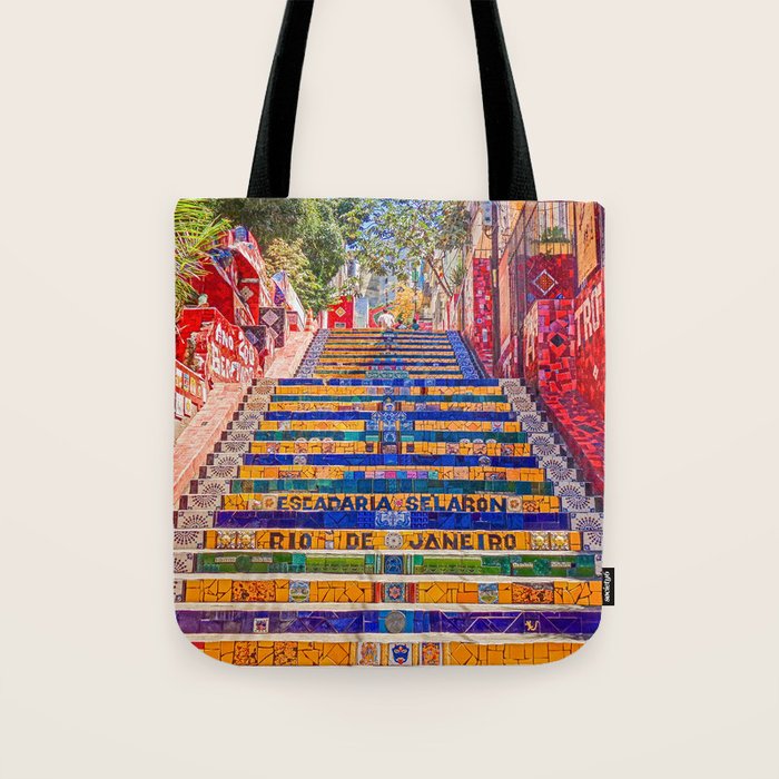 Rio de Janeiro, favela Eseadaria Selarron colorful painted stairway Brazil color landscape photographic photography / photograph Tote Bag Gallery Image 1
