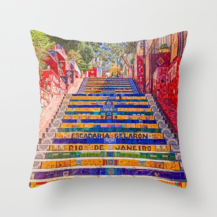 Rio de Janeiro, favela Eseadaria Selarron colorful painted stairway Brazil color landscape photographic photography / photograph Throw Pillow Gallery Image 6