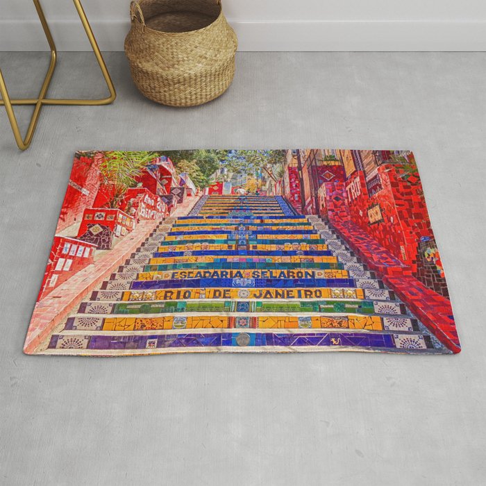 Rio de Janeiro, favela Eseadaria Selarron colorful painted stairway Brazil color landscape photographic photography / photograph Rug Gallery Image 1