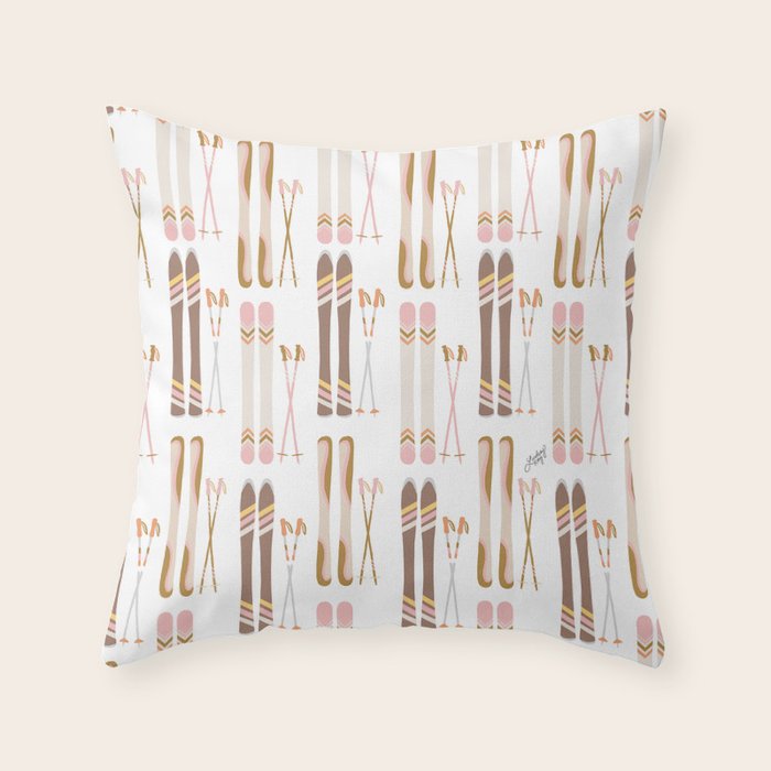 Retro Skis Illustration (Neutral Palette) Throw Pillow Gallery Image 6