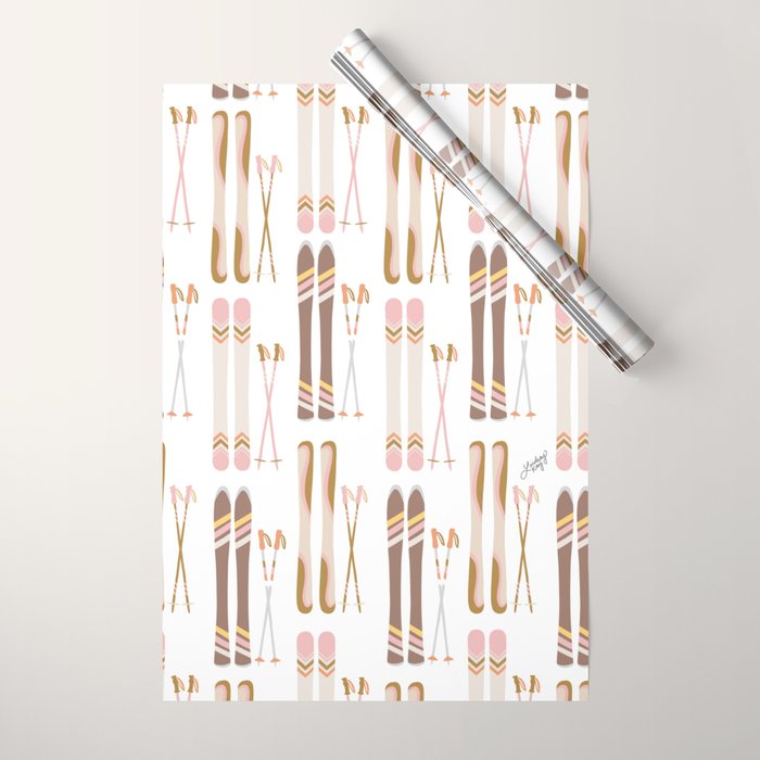 Retro Skis Illustration (Neutral Palette) Wrapping Paper Gallery Image 1