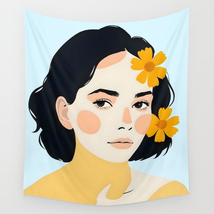 Variegated Human, Bohemian Woman Vitiligo Beauty, Self Love Positivity Mindset, Expressions Face Feelings Emotion Illustration, People Portrait Drawing Painting Wall Tapestry Gallery Image 4