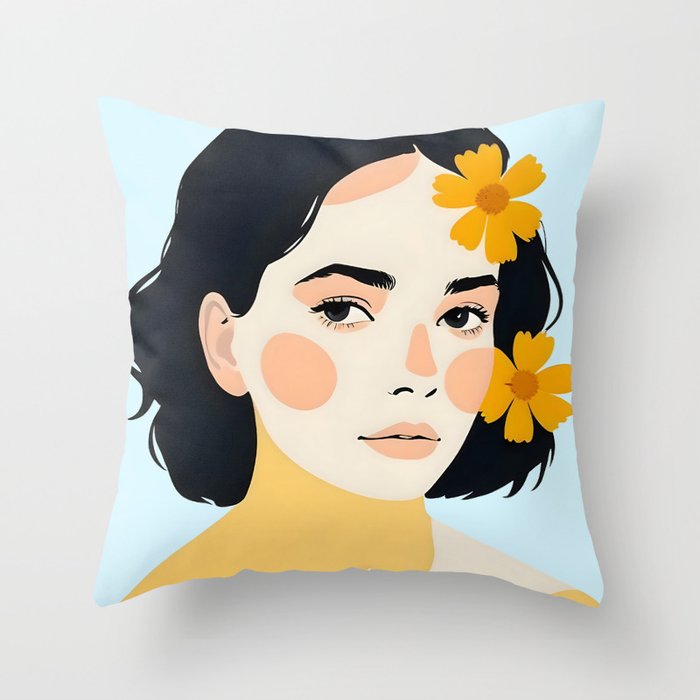 Variegated Human, Bohemian Woman Vitiligo Beauty, Self Love Positivity Mindset, Expressions Face Feelings Emotion Illustration, People Portrait Drawing Painting Throw Pillow Gallery Image 6