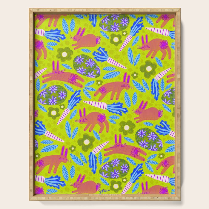 Happy Colorful Rabbits & Decorative Eggs in Chartreuse & Pink Serving Tray Gallery Image 1