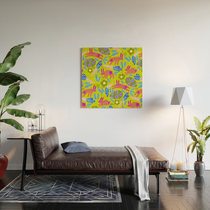 Happy Colorful Rabbits & Decorative Eggs in Chartreuse & Pink Wood Wall Art Gallery Image 2