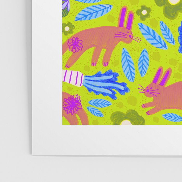Happy Colorful Rabbits & Decorative Eggs in Chartreuse & Pink Poster Gallery Image 3
