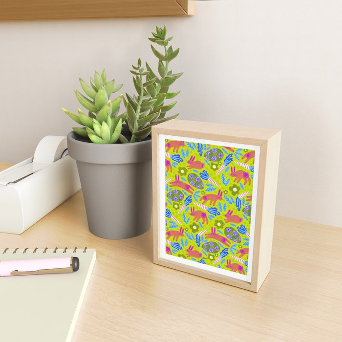 Happy Colorful Rabbits & Decorative Eggs in Chartreuse & Pink Mini Art Print Gallery Image 2