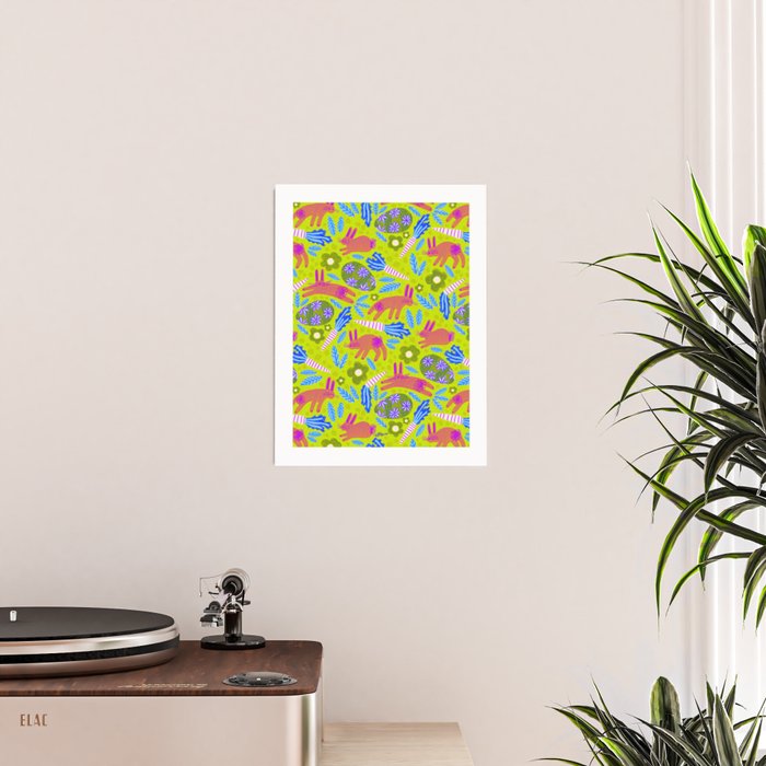 Happy Colorful Rabbits & Decorative Eggs in Chartreuse & Pink Poster Gallery Image 2