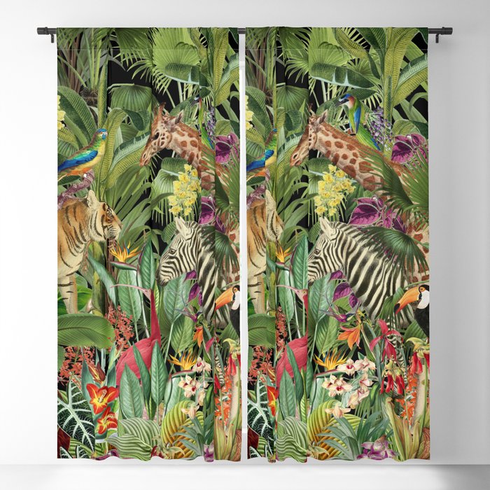 Tropical Eden Jungle on Black Vintage Print Window Curtain Gallery Image 1