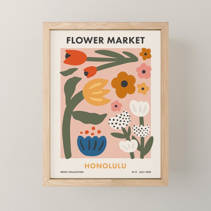 Flower Market Honolulu, Playful Naif Floral Print Mini Art Print Gallery Image 1