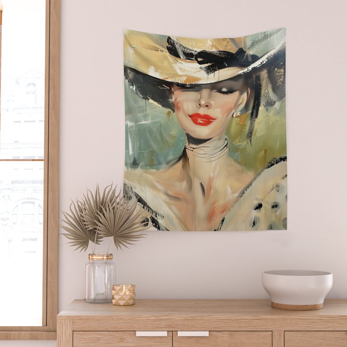 Elegant Lady in Wide Hat Wall Tapestry Gallery Image 2