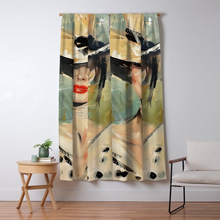 Elegant Lady in Wide Hat Window Curtain Gallery Image 1