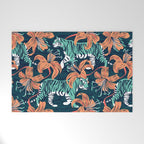 Tigers in a tiger lily garden // textured navy blue background spearmint green wild animals papaya orange flowers Welcome Mat Gallery Image 1