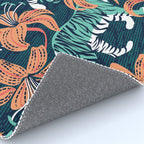 Tigers in a tiger lily garden // textured navy blue background spearmint green wild animals papaya orange flowers Rug Gallery Image 4