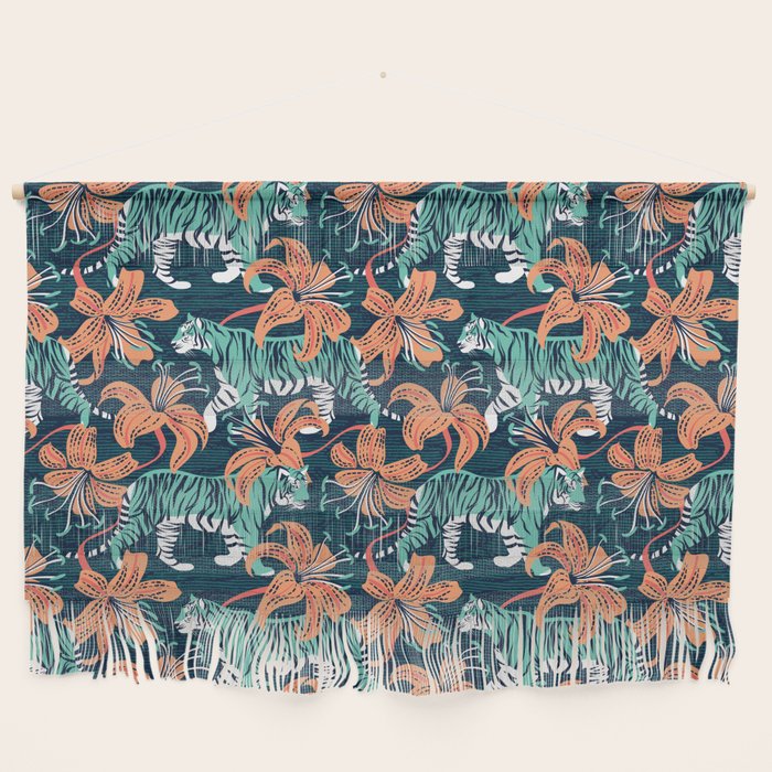 Tigers in a tiger lily garden // textured navy blue background spearmint green wild animals papaya orange flowers Wall Hanging Gallery Image 1