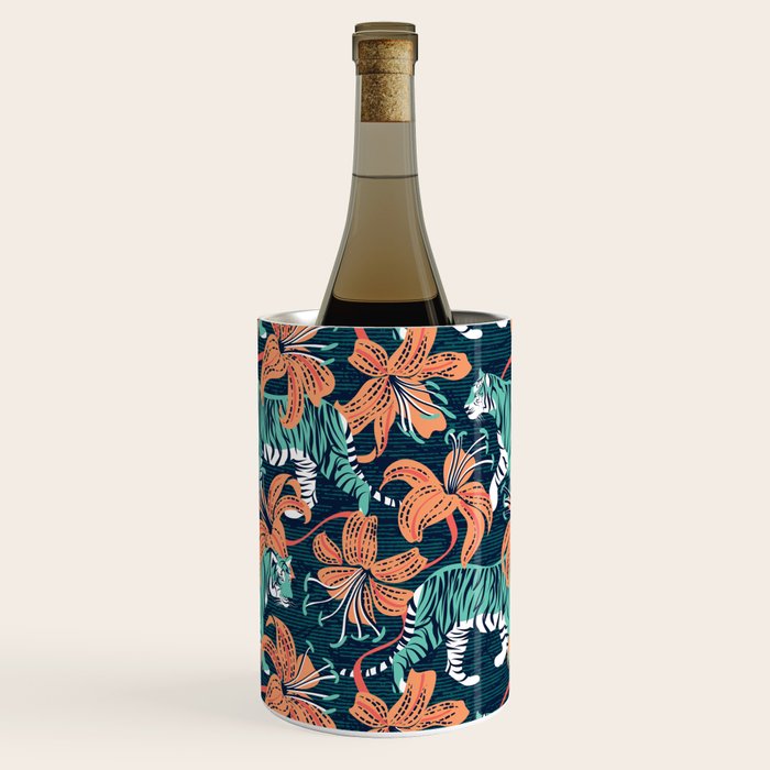 Tigers in a tiger lily garden // textured navy blue background spearmint green wild animals papaya orange flowers Wine Chiller Gallery Image 1