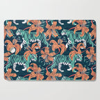 Tigers in a tiger lily garden // textured navy blue background spearmint green wild animals papaya orange flowers Cutting Board Gallery Image 1