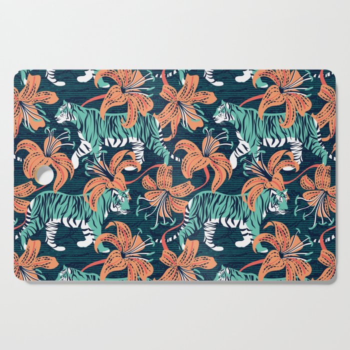 Tigers in a tiger lily garden // textured navy blue background spearmint green wild animals papaya orange flowers Cutting Board Gallery Image 1