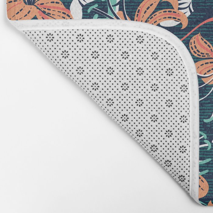 Tigers in a tiger lily garden // textured navy blue background spearmint green wild animals papaya orange flowers Bath Mat Gallery Image 2