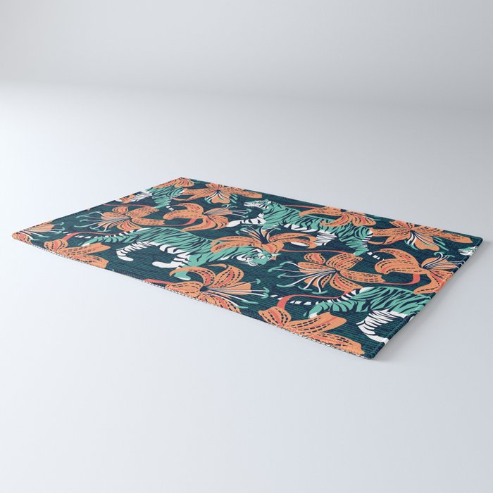 Tigers in a tiger lily garden // textured navy blue background spearmint green wild animals papaya orange flowers Rug Gallery Image 3